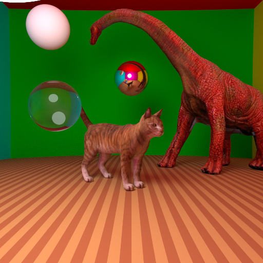 A cat and a dinosaur in a colored room, next to a glass sphere and a mirror sphere