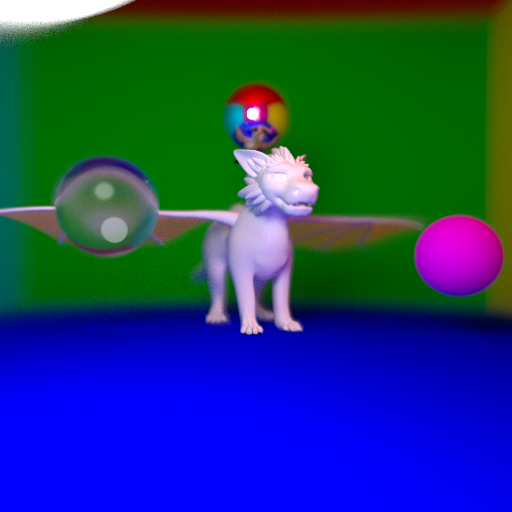 A white winged dragon mesh surrounded by a glass sphere, a mirror sphere and a magenta sphere