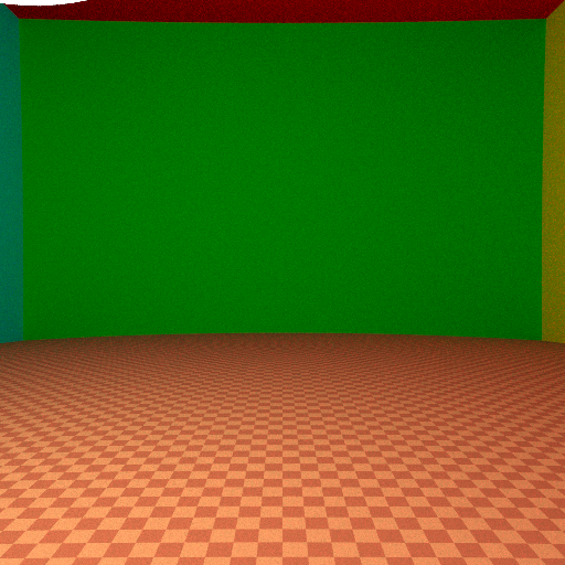 An empty colored room with an orange checkerboard floor